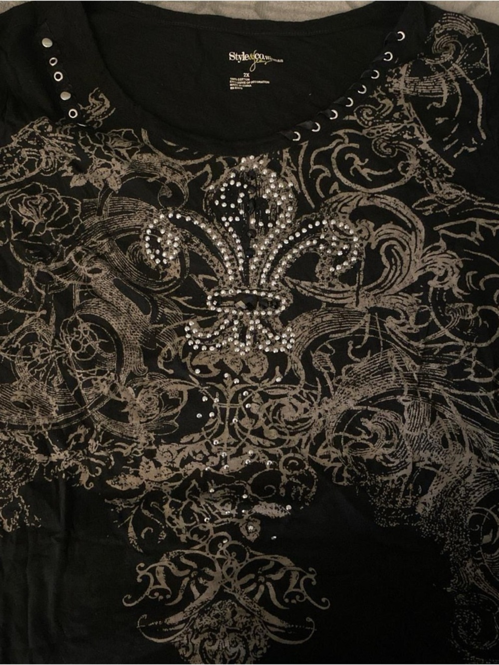 Style & Co Black Tee with Rhinestone Fleur-de-Lis and Scroll Print